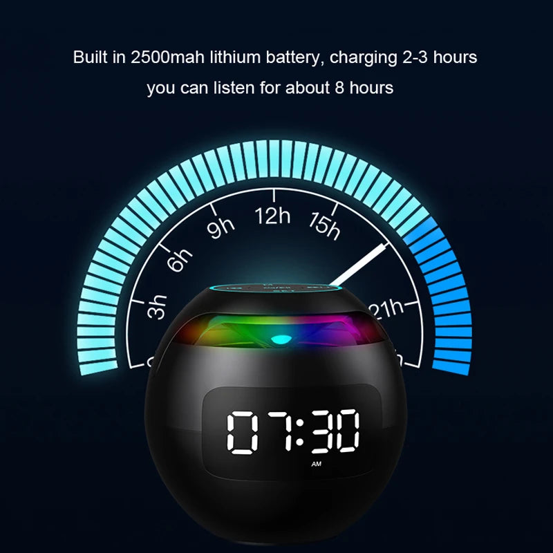 Black spherical Bluetooth speaker with an LED alarm clock display and colourful top light. Includes battery info.