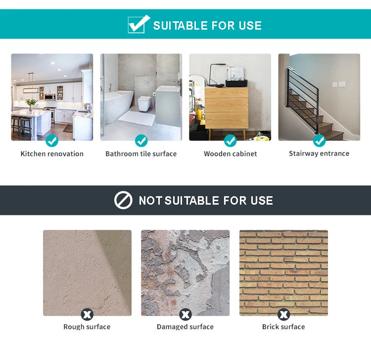 Guidance graphic showing suitable surfaces like cabinets and tiles, and unsuitable rough or damaged surfaces for wallpaper.