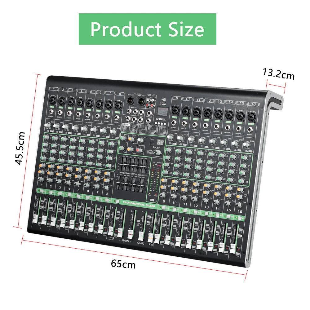 Professional 16-channel black audio mixing console with green accents, multi-fader controls and digital display.