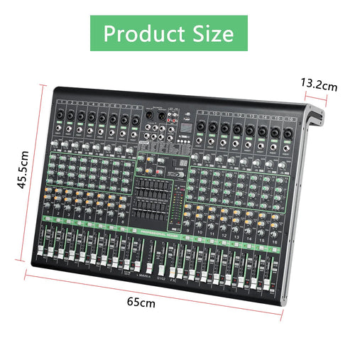 Professional 16-channel black audio mixing console with green accents, multi-fader controls and digital display.