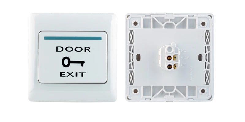 White plastic door exit push button switch with key icon and terminal connections, front and back view.