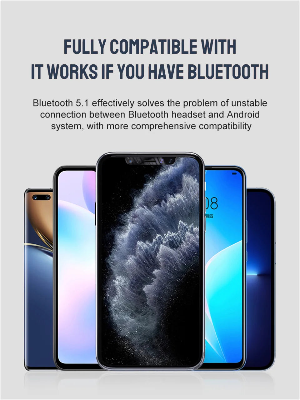A row of various modern smartphones displaying vibrant screen backgrounds, highlighting universal Bluetooth compatibility.