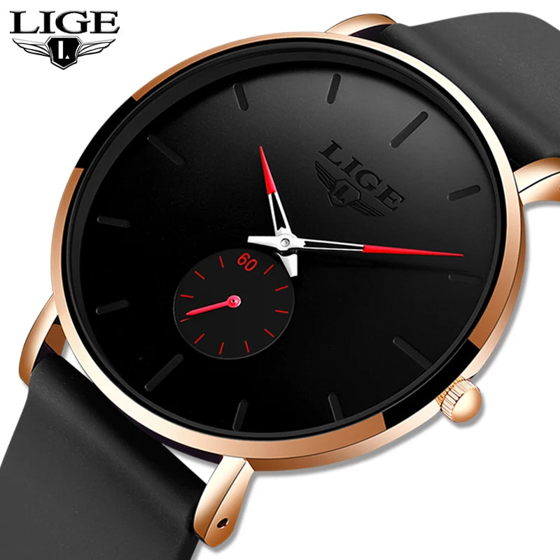 LIGE ultra-thin men's quartz watch with round black dial, rose gold case, red accents, and black leather strap.