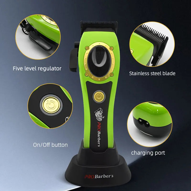 Professional lime green hair clippers with a stainless steel blade, five-level regulator, and charging base.