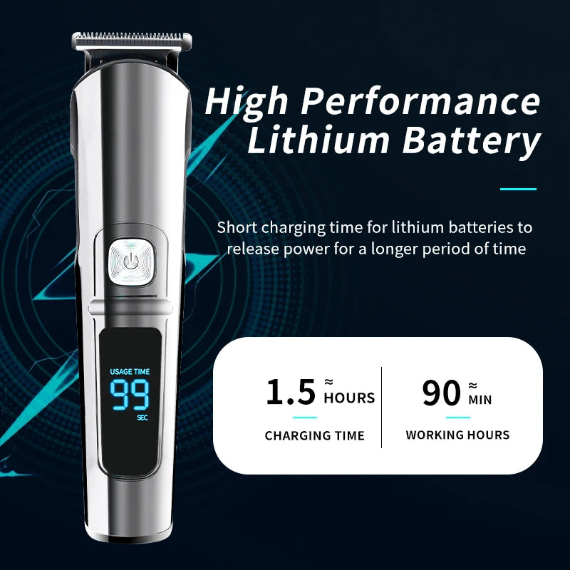 Silver professional hair trimmer with a digital battery display showing 90 minutes of cordless runtime.