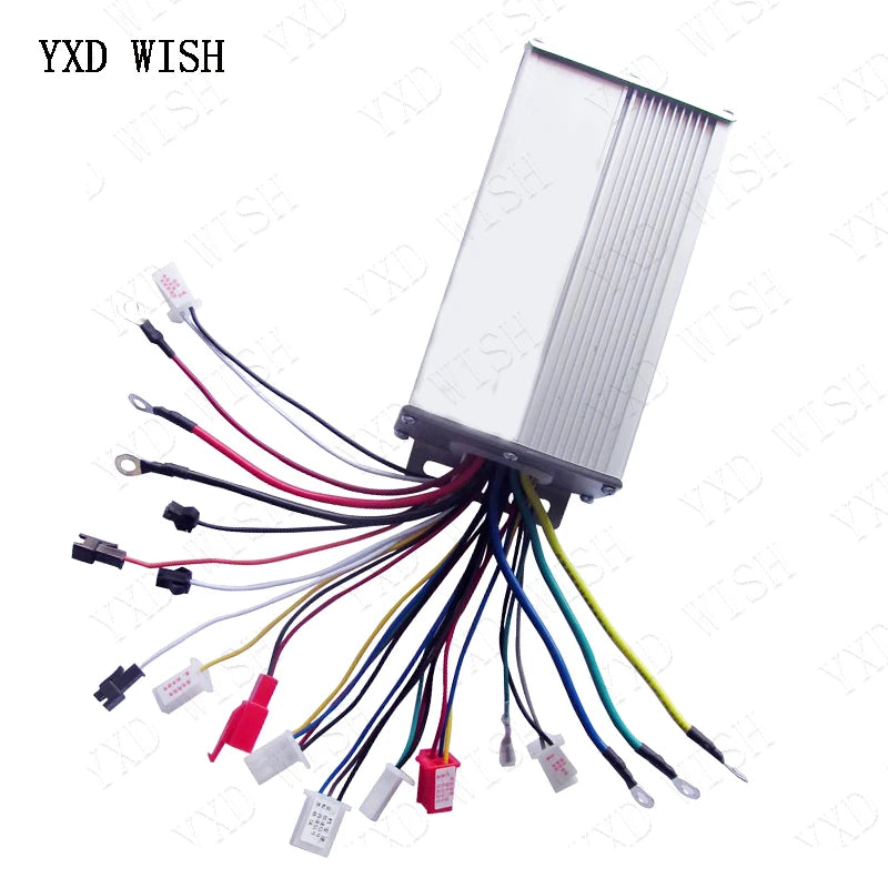 Silver rectangular 350W e-bike motor controller with cooling fins and many multicolored wires with connectors.