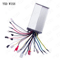 Silver rectangular 350W electric bike motor controller with numerous multicolored wired connectors extending from one end.