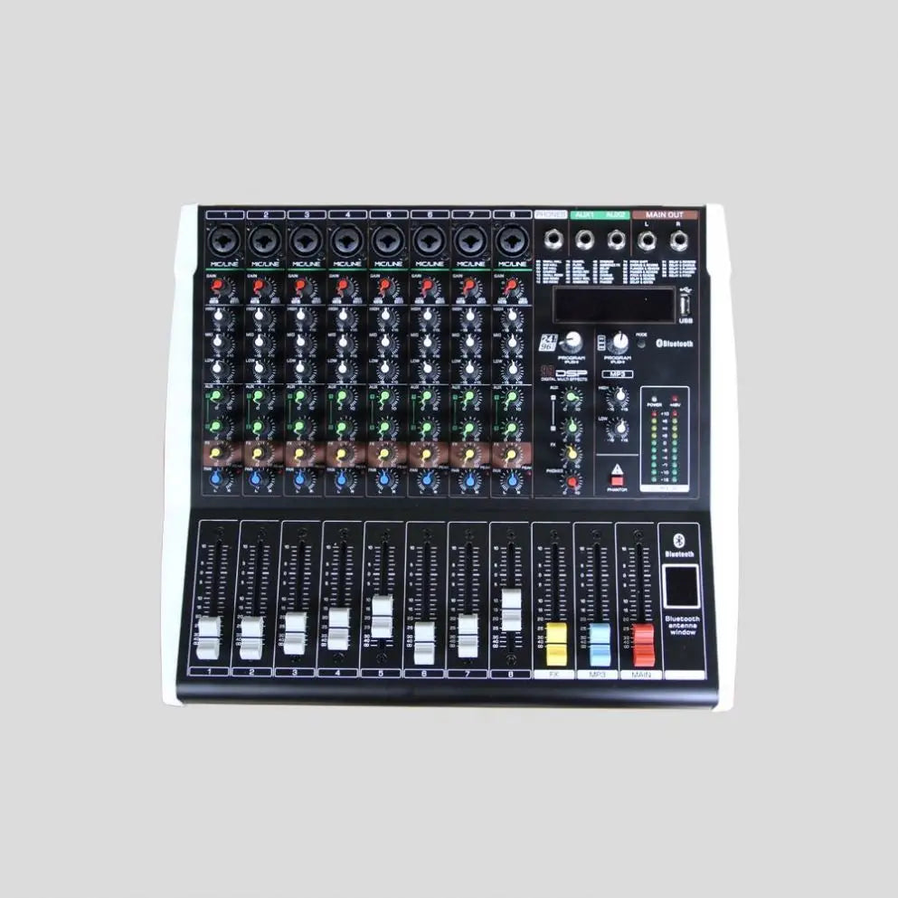 14-channel black USB audio mixer with colourful sliders, rotary control knobs, built-in DSP effects and Bluetooth.