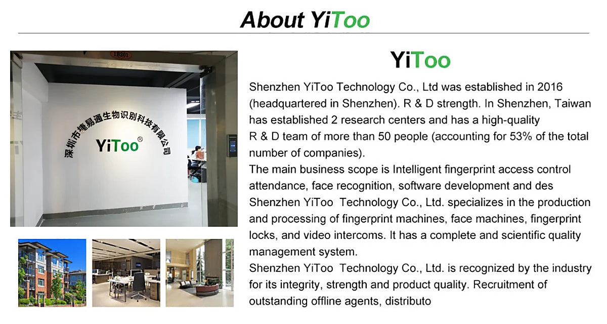 YiToo company profile with logo, office interior photos, and a text overview of their technology and business services.