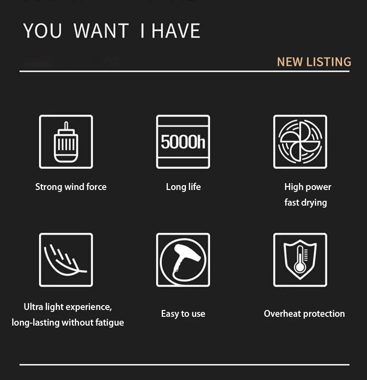 Infographic showing professional hair dryer features: fast drying, 5000h lifespan, lightweight, and overheat protection.