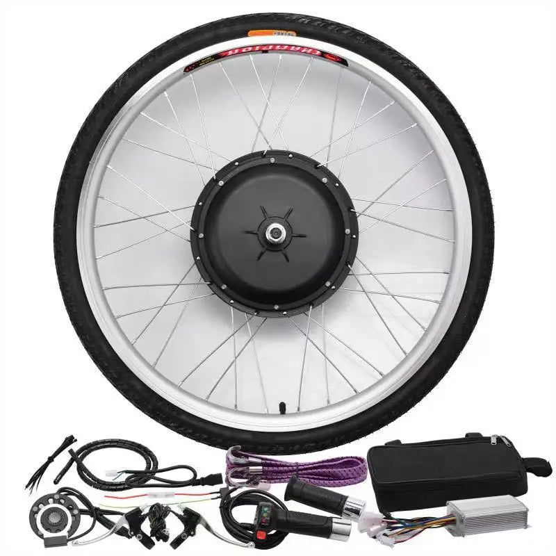 48V electric bike conversion kit featuring a silver spoked motor wheel, controller, black storage bag, and accessories.