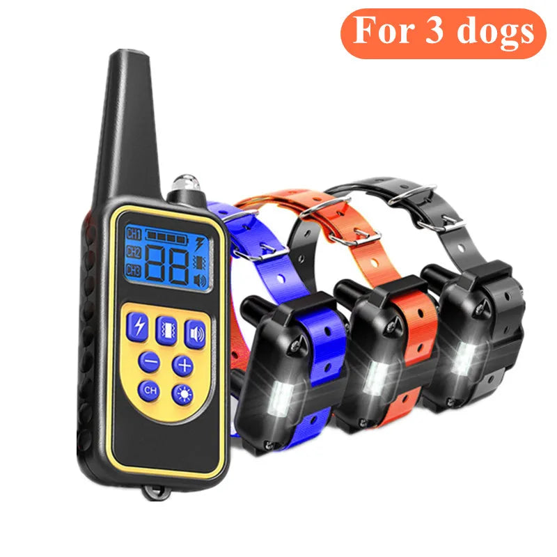 Rechargeable dog training remote with blue, orange, and black collars featuring LED lights for three dogs.
