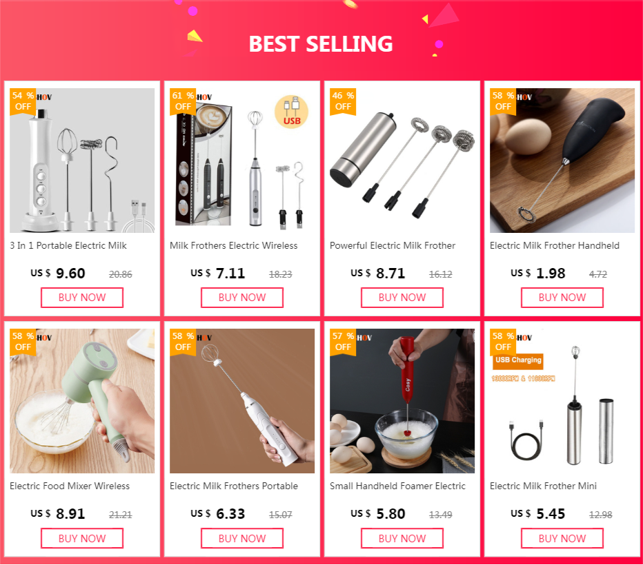 A grid of eight diverse portable, electric handheld milk frothers and mini mixers in various colors and designs.