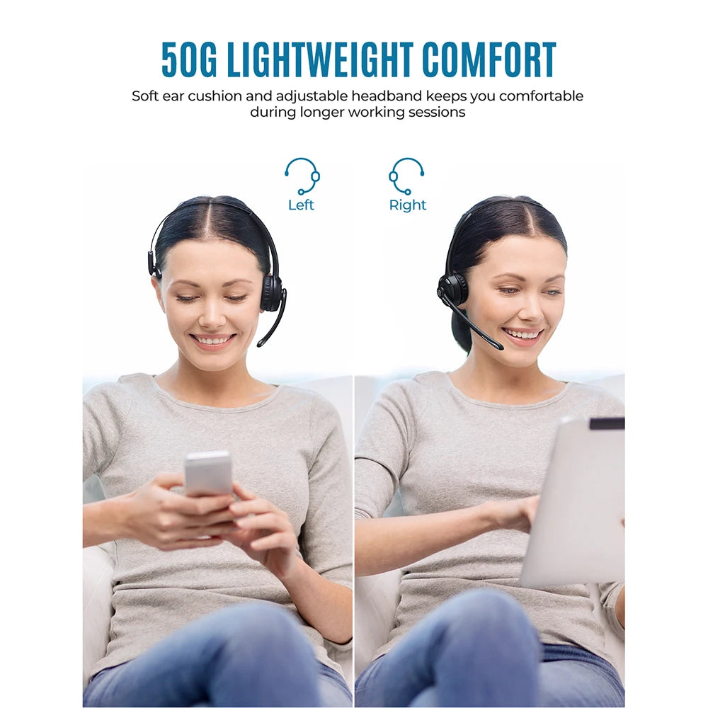 A woman wears a lightweight, black wireless office headset with a microphone on both the left and right sides.