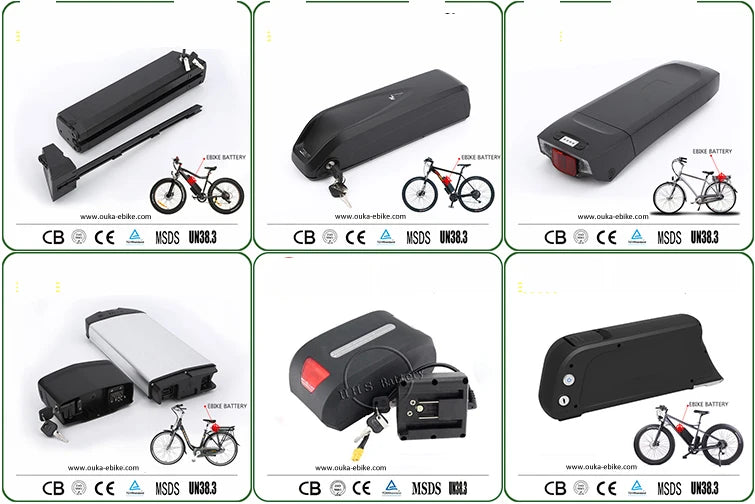 A grid of black and silver electric bike batteries in various styles, shown with mounting hardware and bicycle examples.