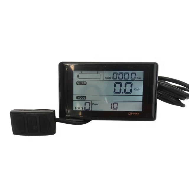 Black electric bike LCD control display and three-button keypad showing speed, battery level, and pedal assist mode.