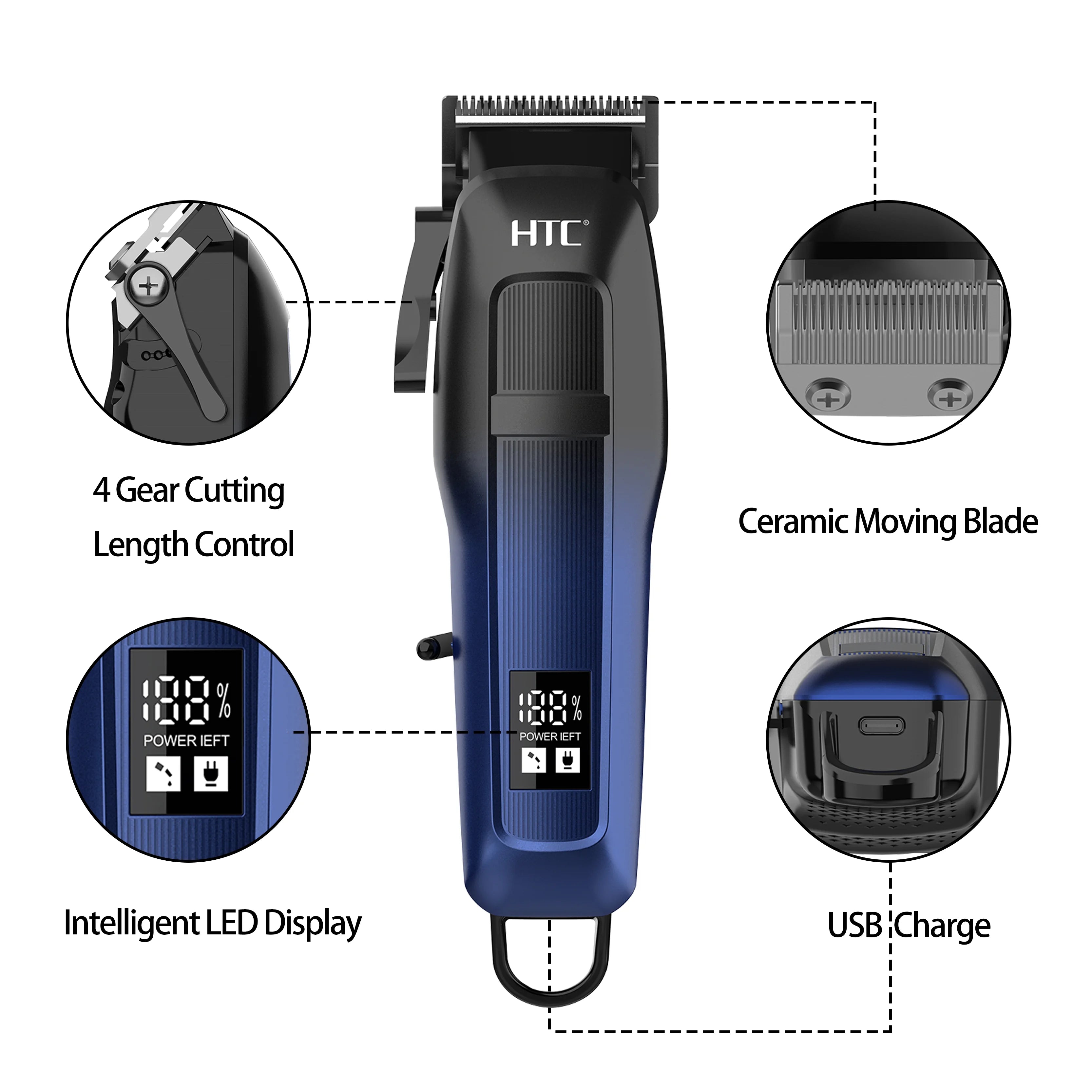 Blue and black cordless hair clipper with an LED battery display, ceramic blade, 4-gear control, and USB charging.