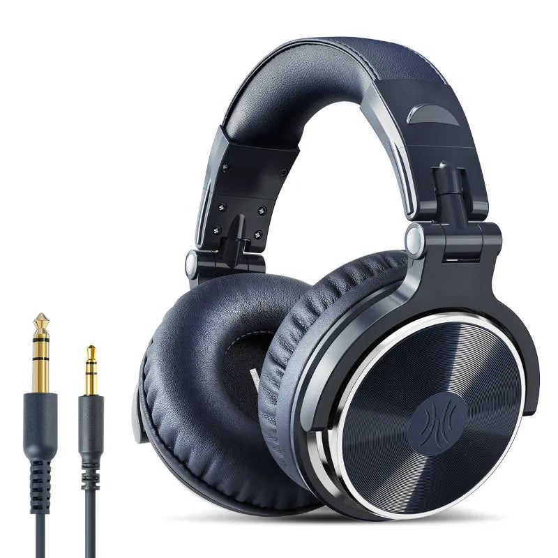 Navy blue wired over-ear studio headphones with cushioned ear cups, adjustable headband, and two audio jack connectors.