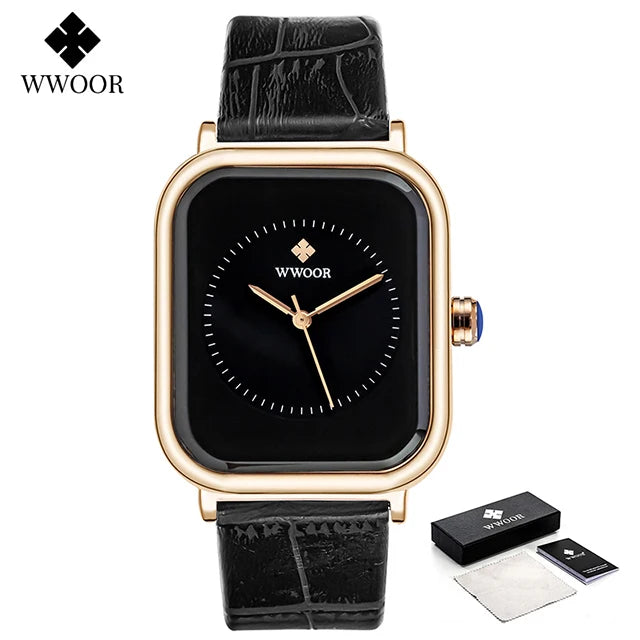 Ladies’ square watch with a gold-tone case, black dial, and a textured black leather strap.