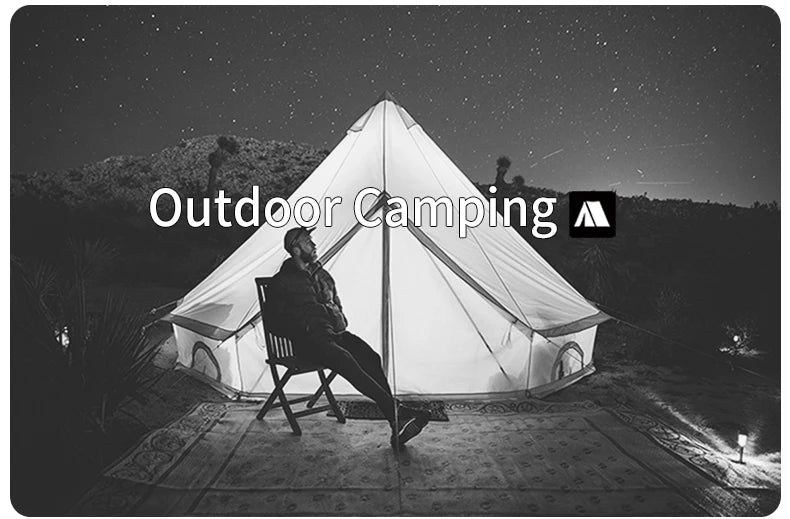 A person sits on a wooden chair outside a white canvas bell tent at night under a starry sky.