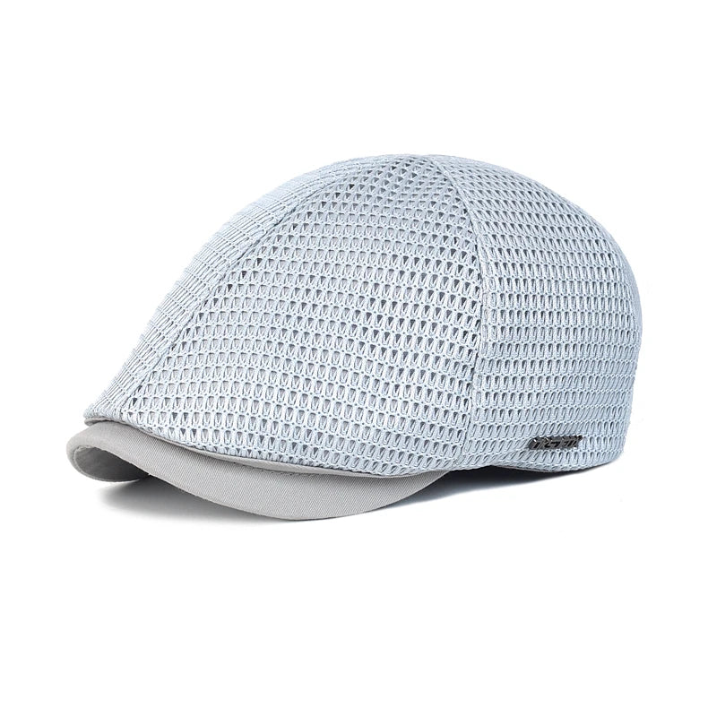 Light grey unisex flat cap made from breathable, lightweight mesh fabric with a solid brim.