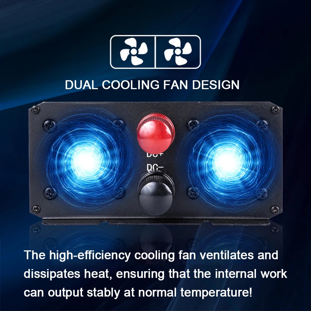 Black power inverter featuring dual cooling fans with bright blue LED lighting, plus red and black power terminals.