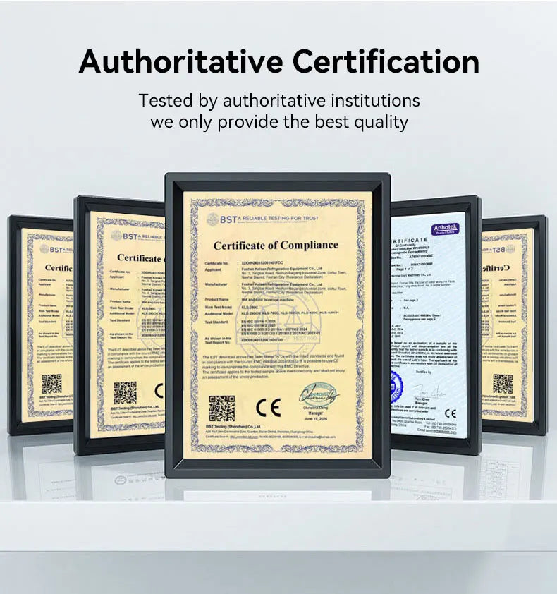 Five framed certificates of compliance displayed on a reflective surface with text overhead.