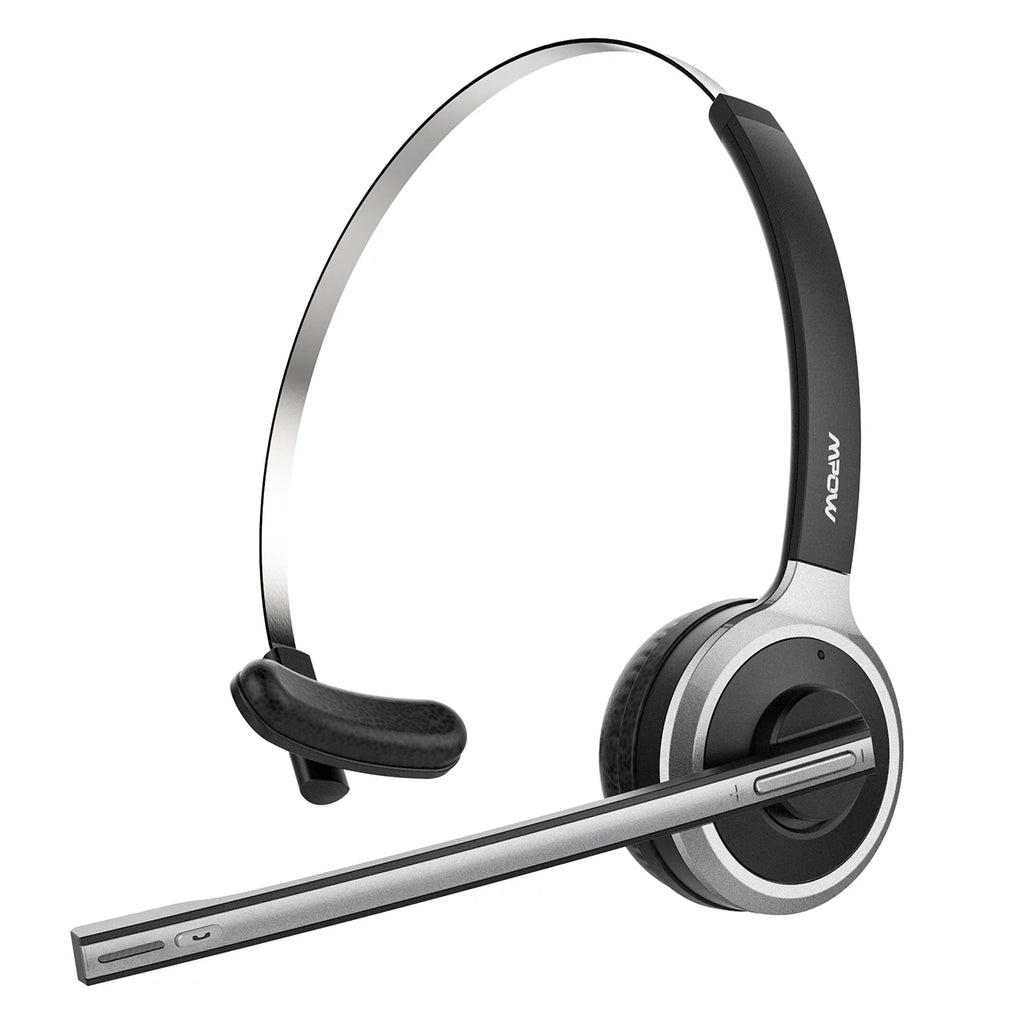 Black and silver single-ear wireless headset with an adjustable headband and long boom microphone for hands-free calls.