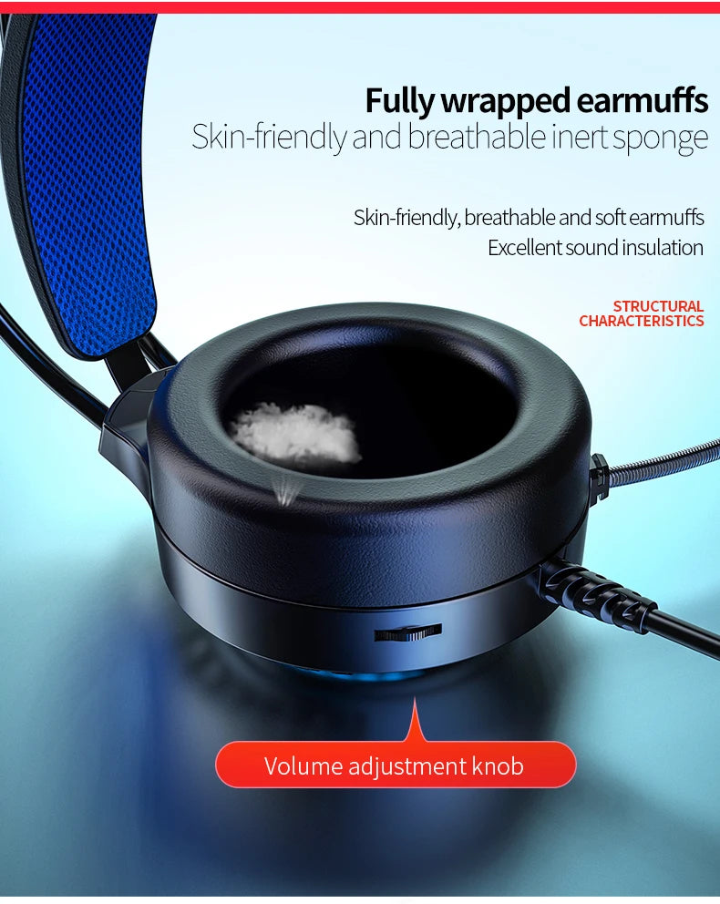 Close-up of a black gaming headset featuring soft, breathable ear cushions, a wired connection, and a volume dial.