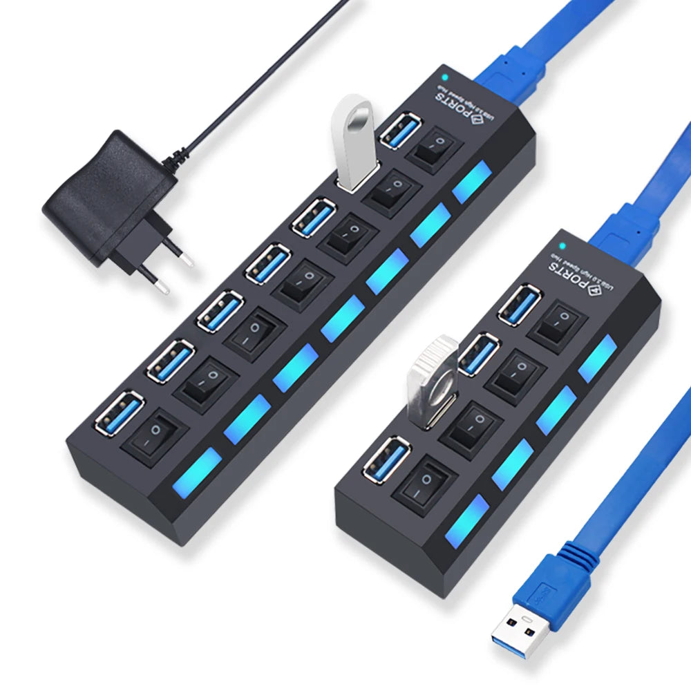 Black USB 3.0 multi-port hub with individual power switches, blue LED indicators, and a mains power adapter.