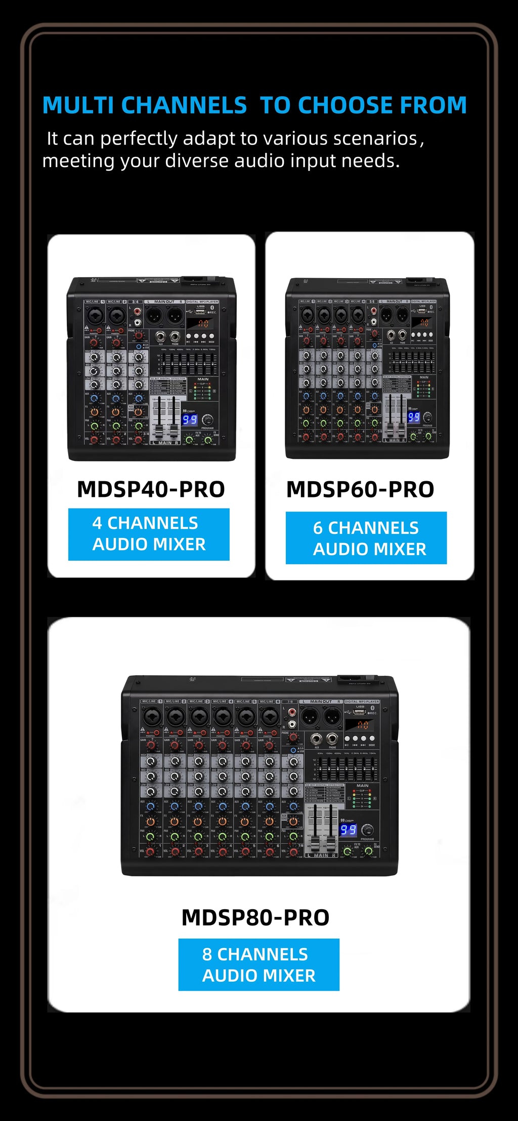 Black audio mixing consoles with 4, 6, and 8 channels, featuring knobs, faders, and digital displays.