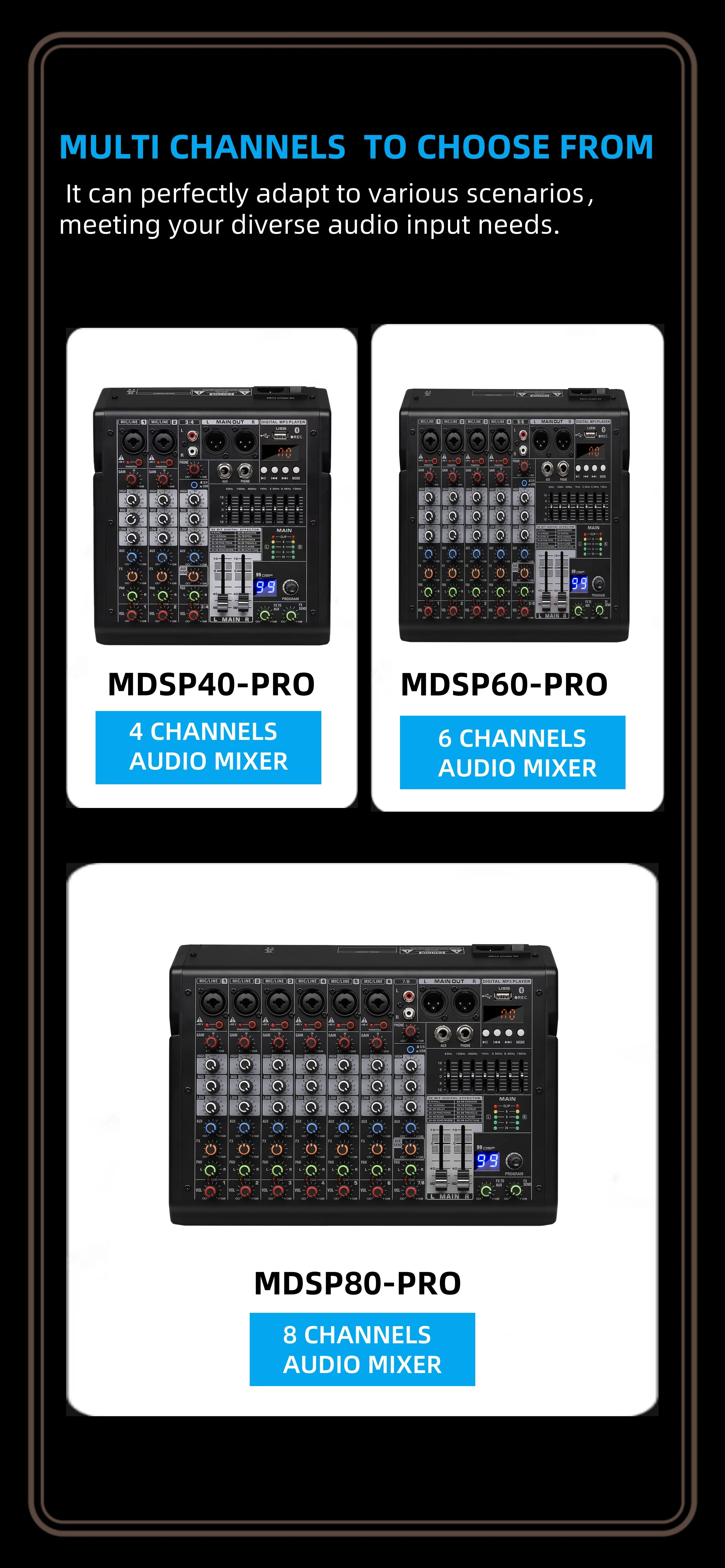 Black audio mixing consoles with 4, 6, and 8 channels, featuring knobs, faders, and digital displays.