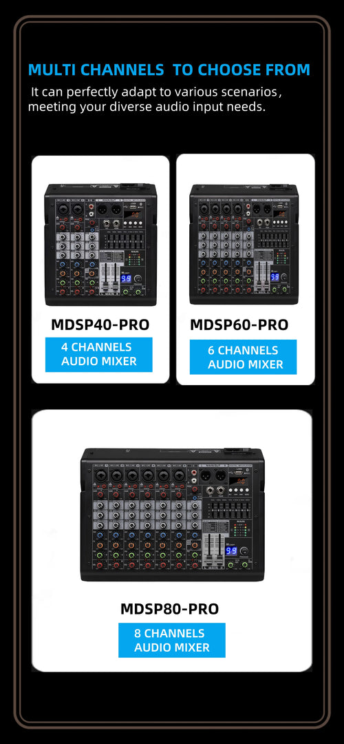 Black audio mixing consoles with 4, 6, and 8 channels, featuring knobs, faders, and digital displays.