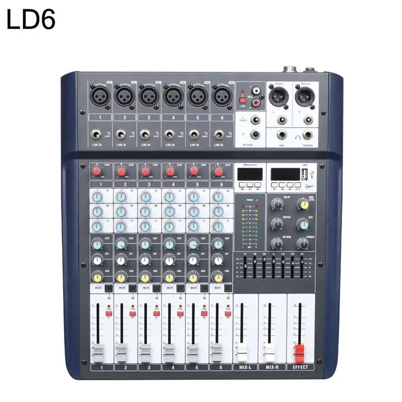 Dark blue 14-channel USB audio mixer with colourful rotary knobs, faders, built-in DSP effects, and digital display.