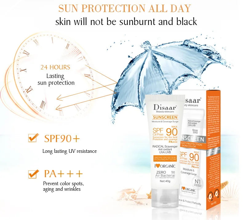 SPF 90+ sunscreen tube and box, white and orange packaging with splash imagery, promising 24-hour UV protection.