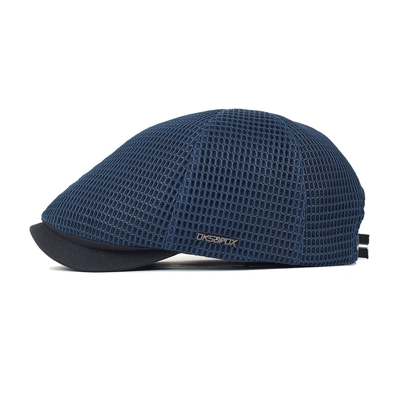 Navy blue unisex flat cap in a lightweight, breathable mesh fabric with a solid dark brim.