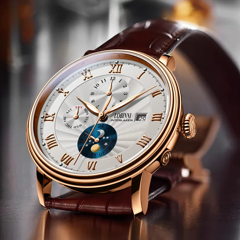 Lobinni automatic watch with rose gold round case, white dial, Roman numerals, moon phase, and brown leather strap.