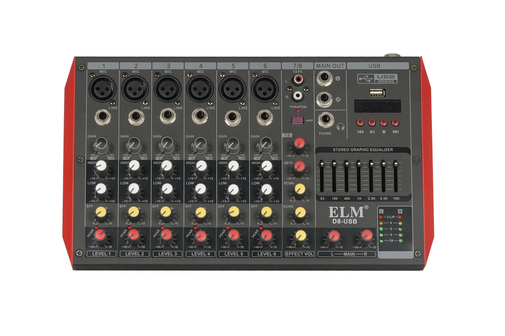 Top-down view of a 6-channel grey DJ mixing console with red side panels, featuring rotary knobs and USB interface.