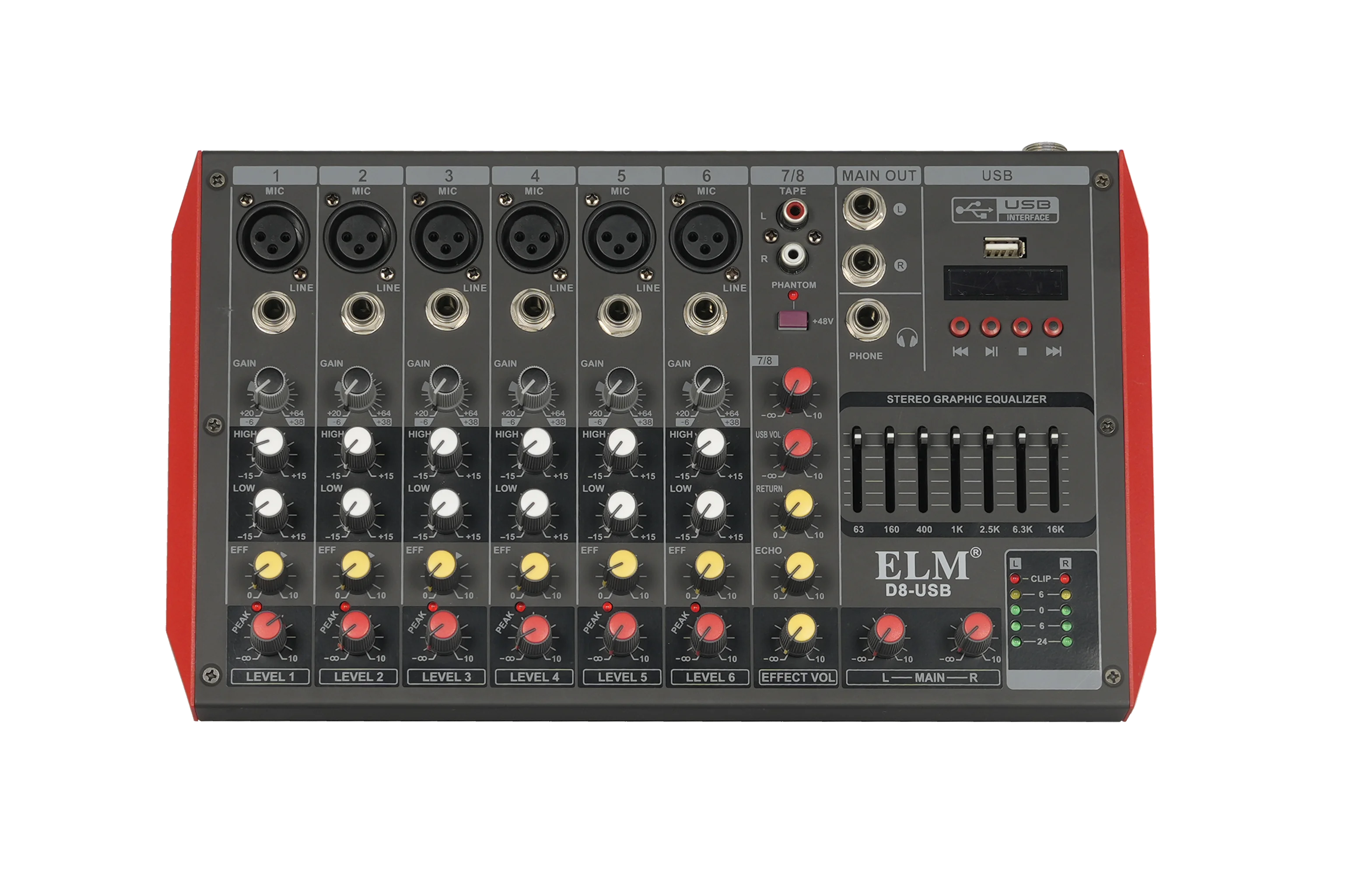 Top-down view of a 6-channel grey DJ mixing console with red side panels, featuring rotary knobs and USB interface.