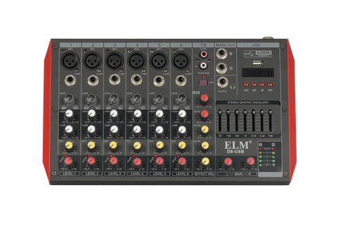Top-down view of a 6-channel grey DJ mixing console with red side panels, featuring rotary knobs and USB interface.