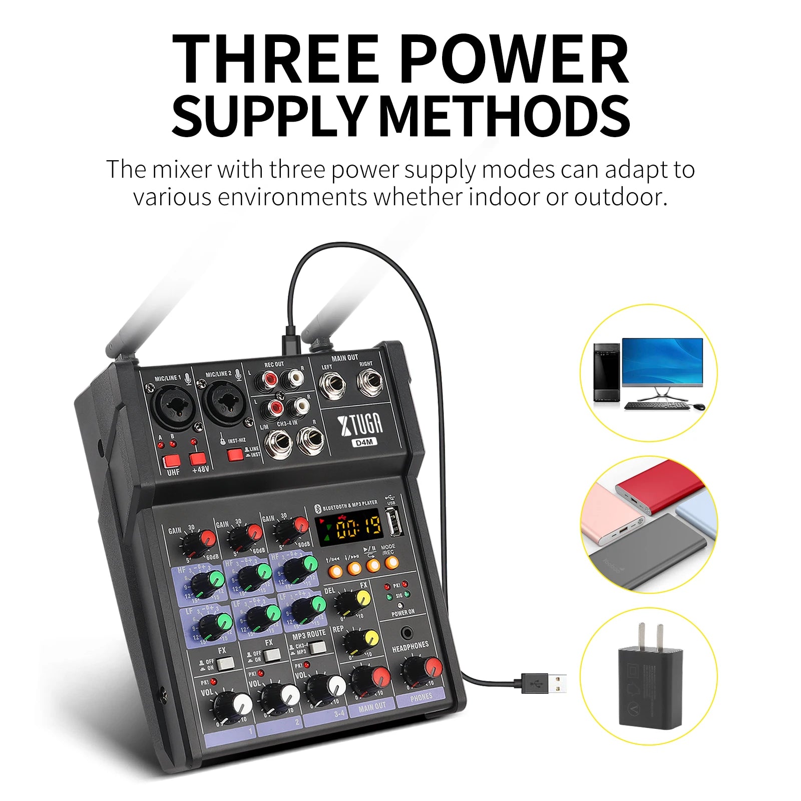 Black 4-channel audio mixer with colourful control knobs, digital display, dual antennas, and versatile power options.