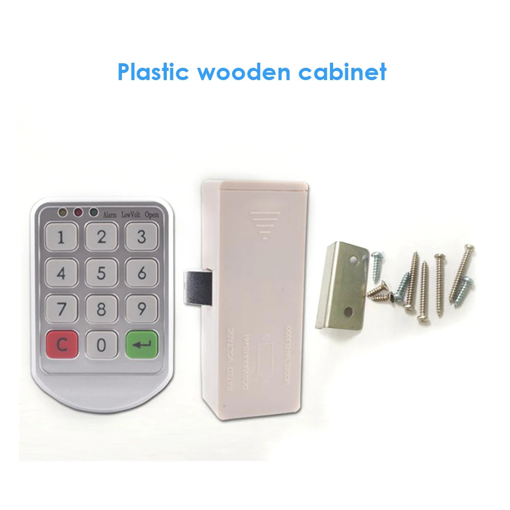 White plastic digital keypad lock set for cabinets, including remote keypad, latch body, metal strike plate, and screws.
