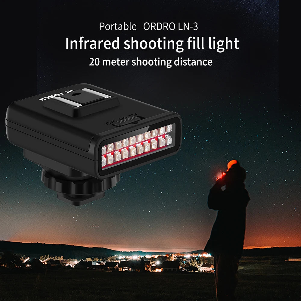 Black plastic portable infrared LED fill light with a hot shoe mount and 20-meter range for night photography.