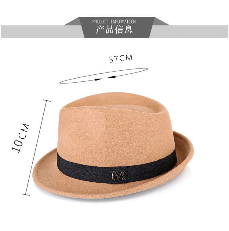 Tan wool felt fedora with a black ribbon band and a metal 'M' detail. 10cm crown height and 57cm circumference.