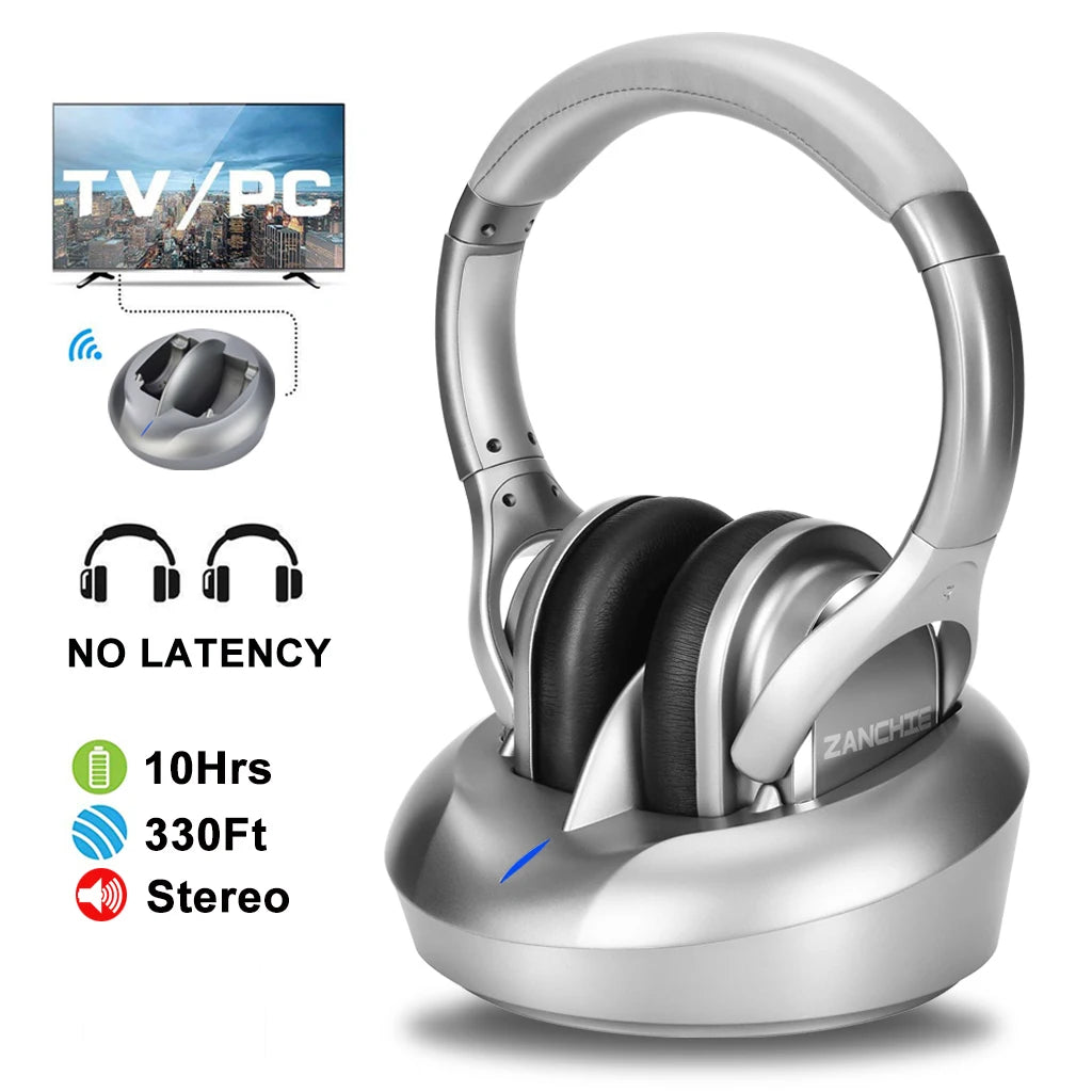 Silver wireless TV headphones with black cushioned earcups, docked on a matching charging transmitter base.