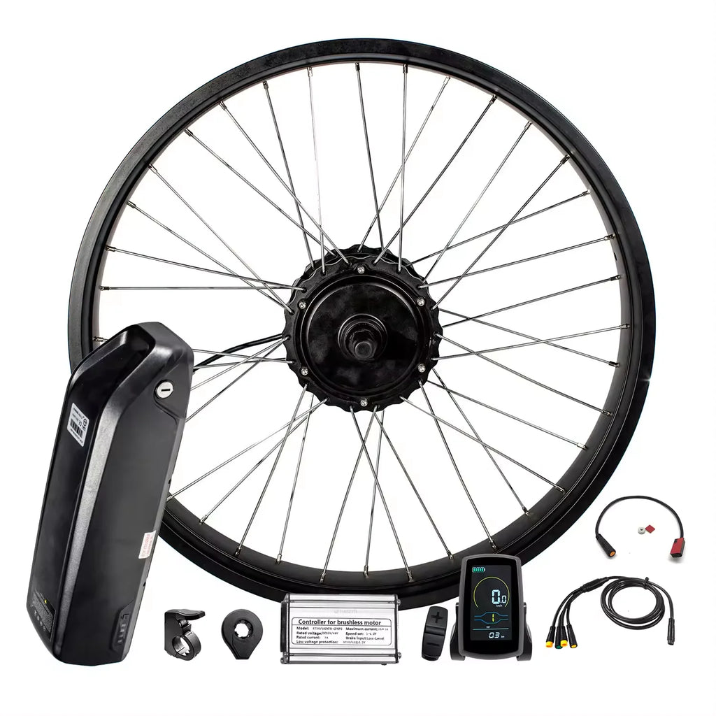 48V electric bike conversion kit featuring a black motor wheel, battery, controller, and digital display screen.