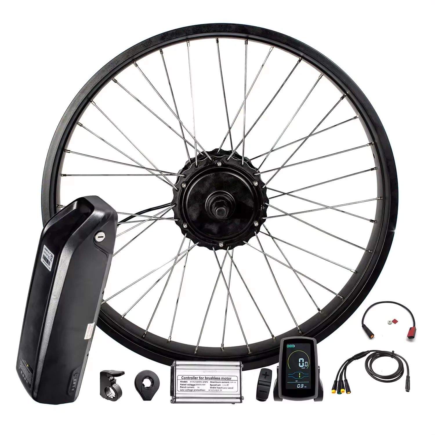 48V electric bike conversion kit featuring a black motor wheel, battery, controller, and digital display screen.