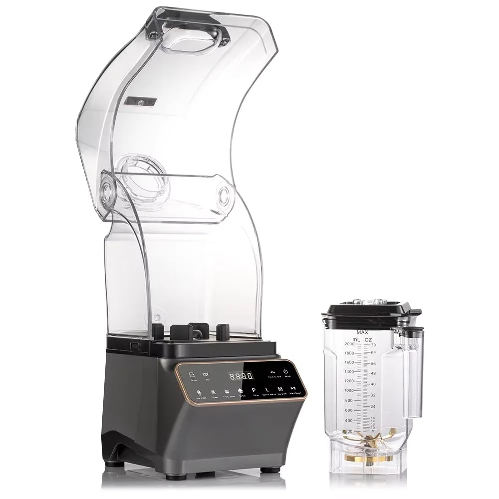 Professional countertop blender with a clear sound-dampening shield, digital display, and a 2L marked blending jar.
