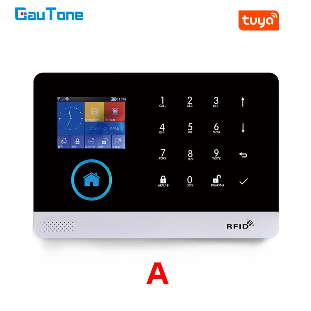 Black and silver smart home alarm control panel with a digital colour touchscreen and numeric keypad.
