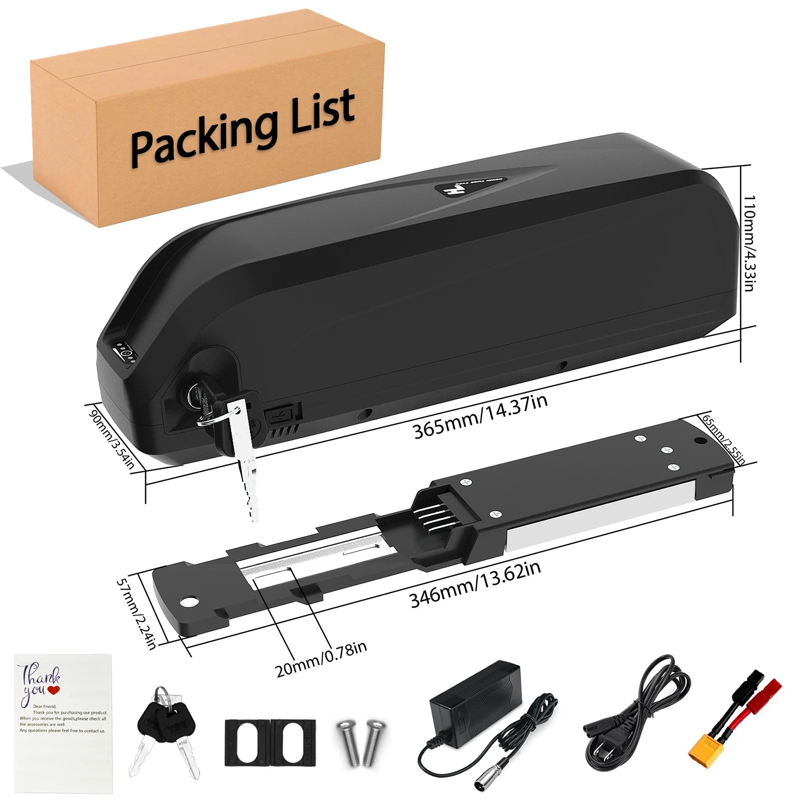 Black electric bike battery pack with keys, mounting bracket, power charger, cables, and installation hardware.